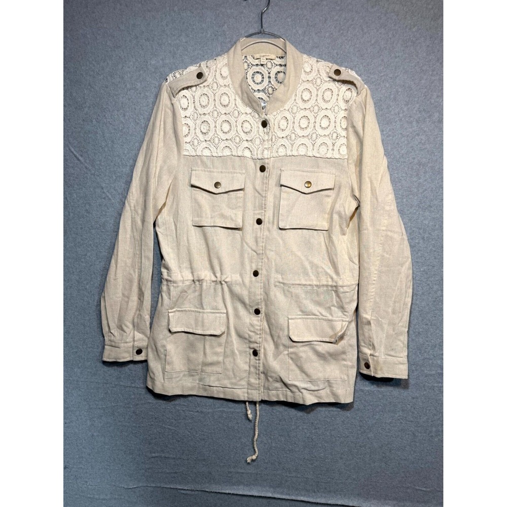 Mystree Cotton/Linen Jacket Snaps Drawstring Waist Womens Beige Size Medium